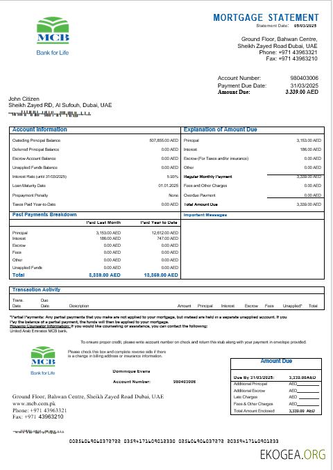 Relevé hypothécaire de la banque MCB des Émirats arabes unis aux formats Word et PDF